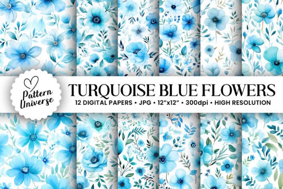 Download Turqoise Watercolor Flower Digital Paper - Watercolor flower digital paper Collection